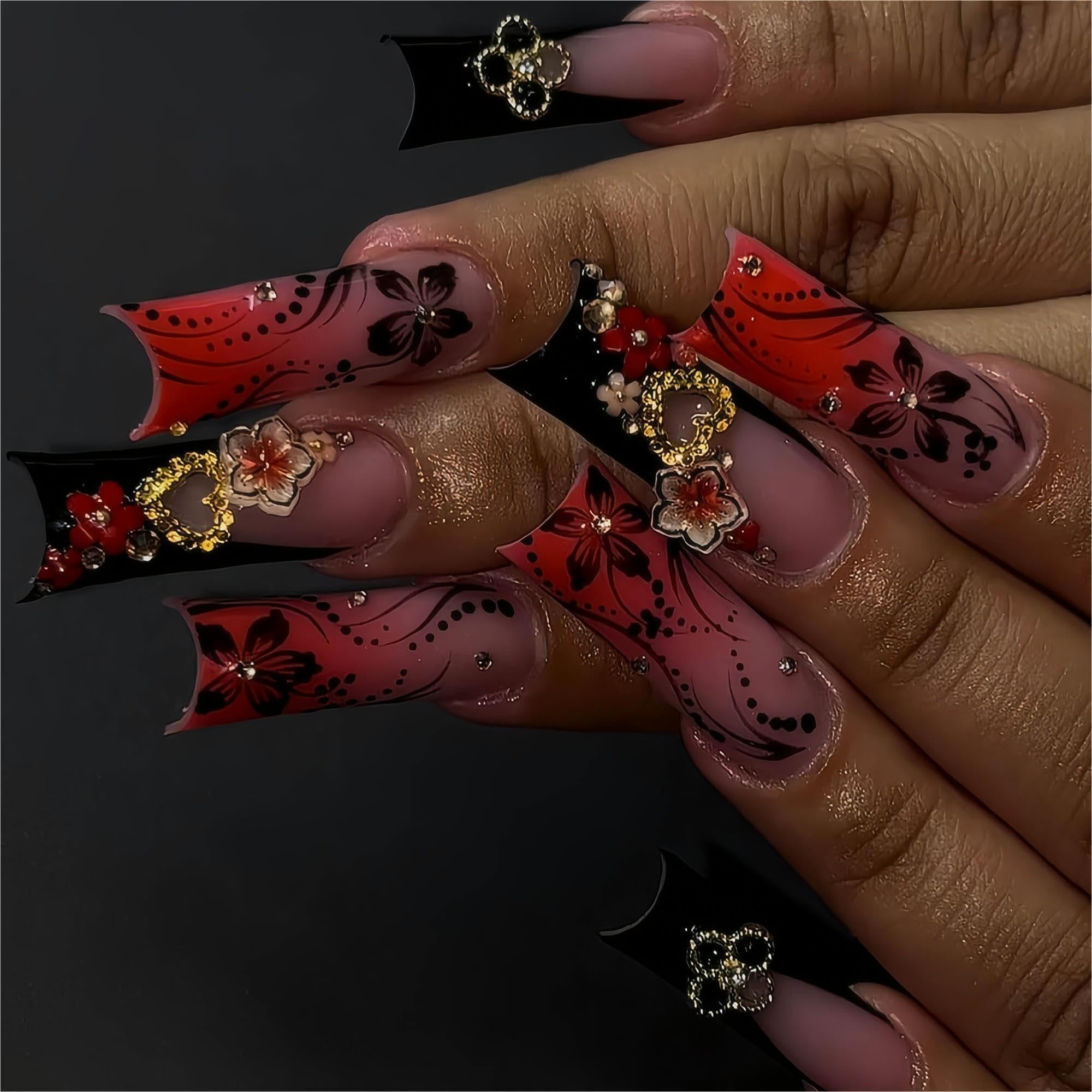 Ongles RTKHFZE rouge francais fleurs 3D et strass brillants.