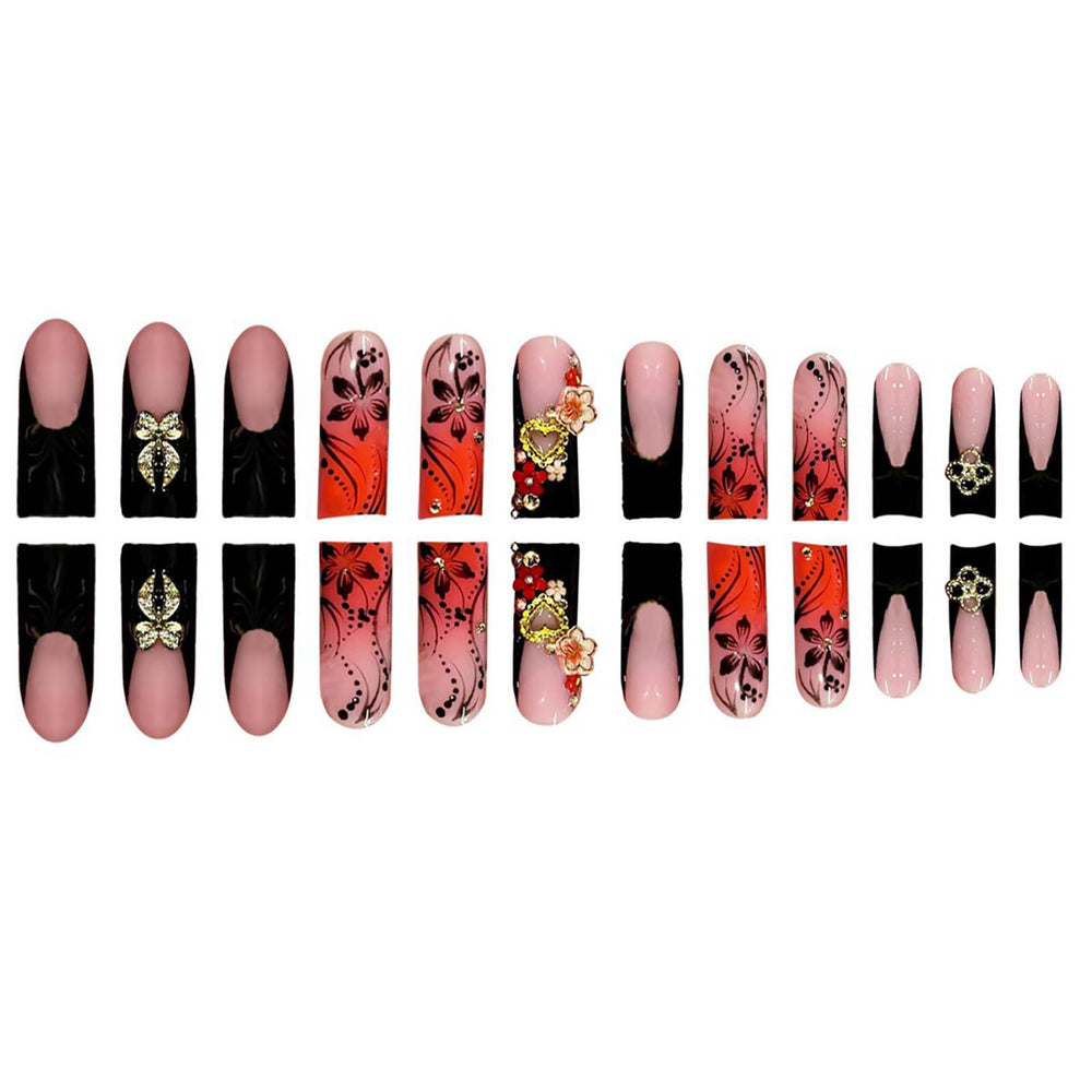 Ongles RTKHFZE rose francais coeur dore metallique.