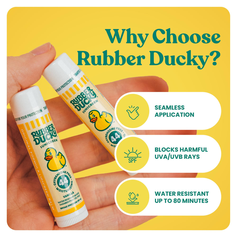Pack triple Rubber Ducky, baume lèvres SPF44 pratique pour le sac.