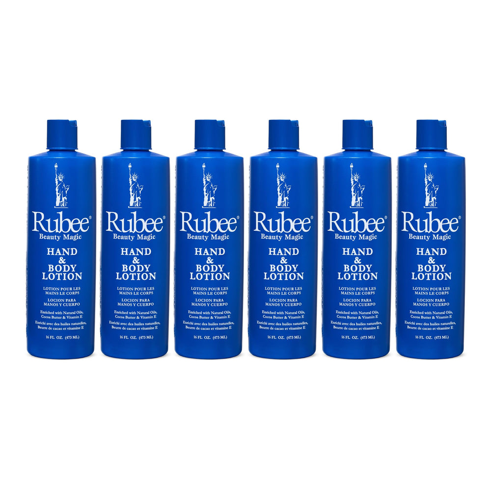 Rubee Beauty Lotion mains et corps — emballage bouteille de 473 ml pour hydratation durable.