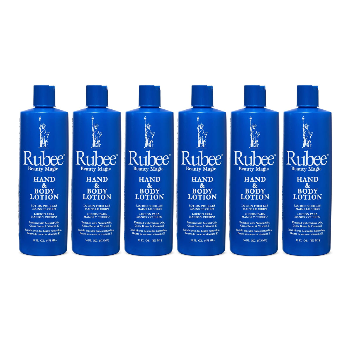 Rubee Beauty Lotion mains et corps — emballage bouteille de 473 ml pour hydratation durable.