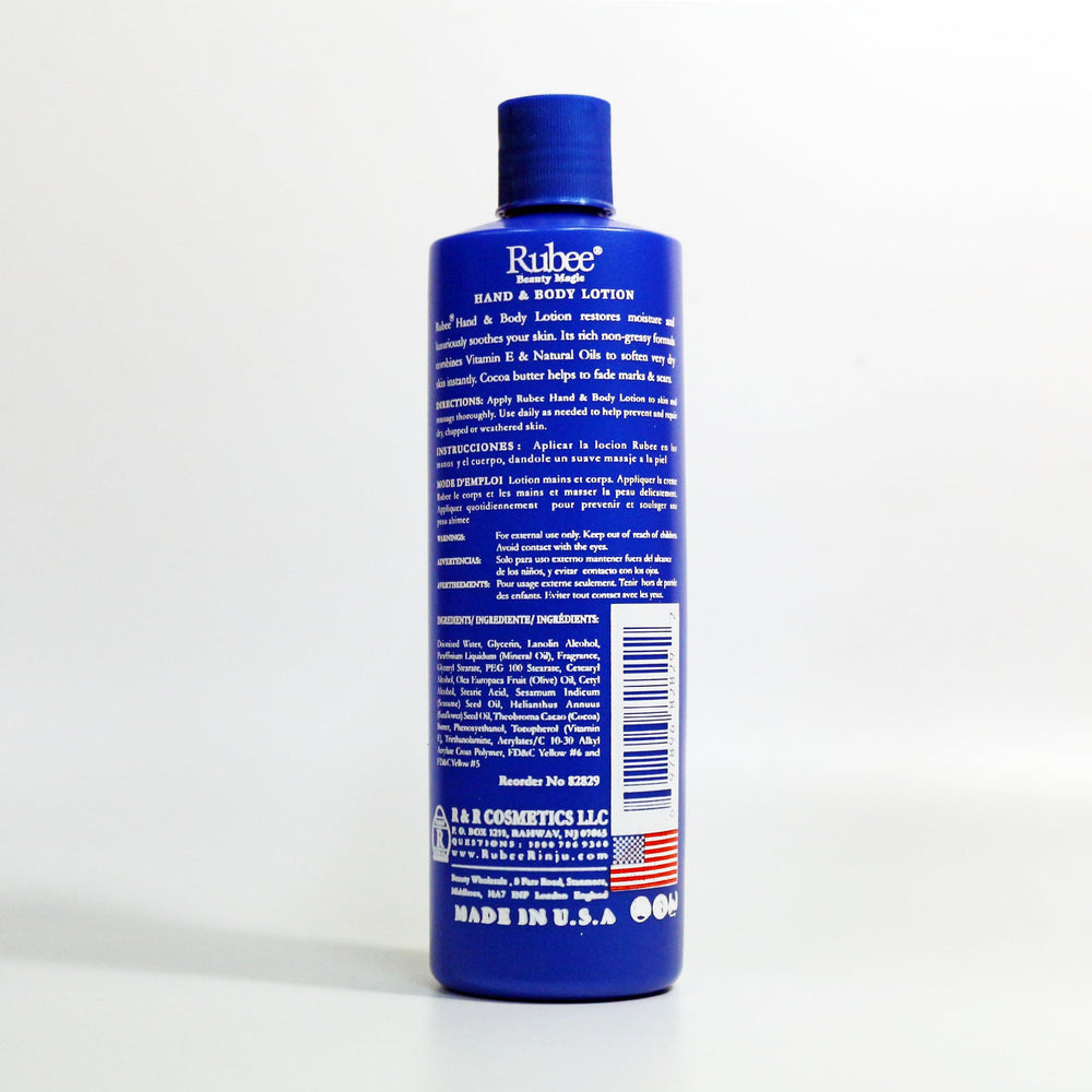 Lotion RUBEE Corps hydratation intense, peau plus douce après usage.