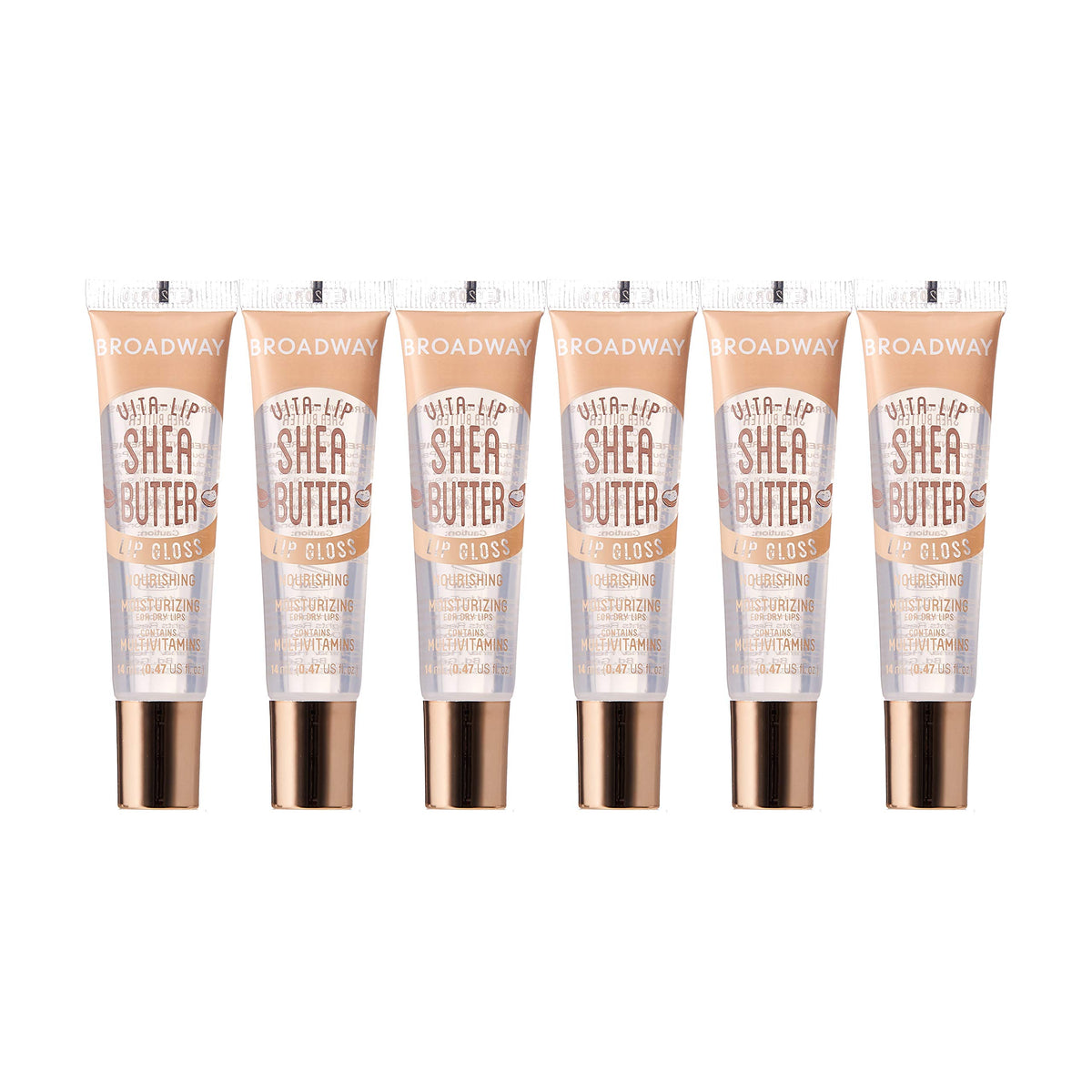 Ruby Kisses Broadway Vita-Lip Gloss, bouteille transparente prête pour l'usage quotidien.