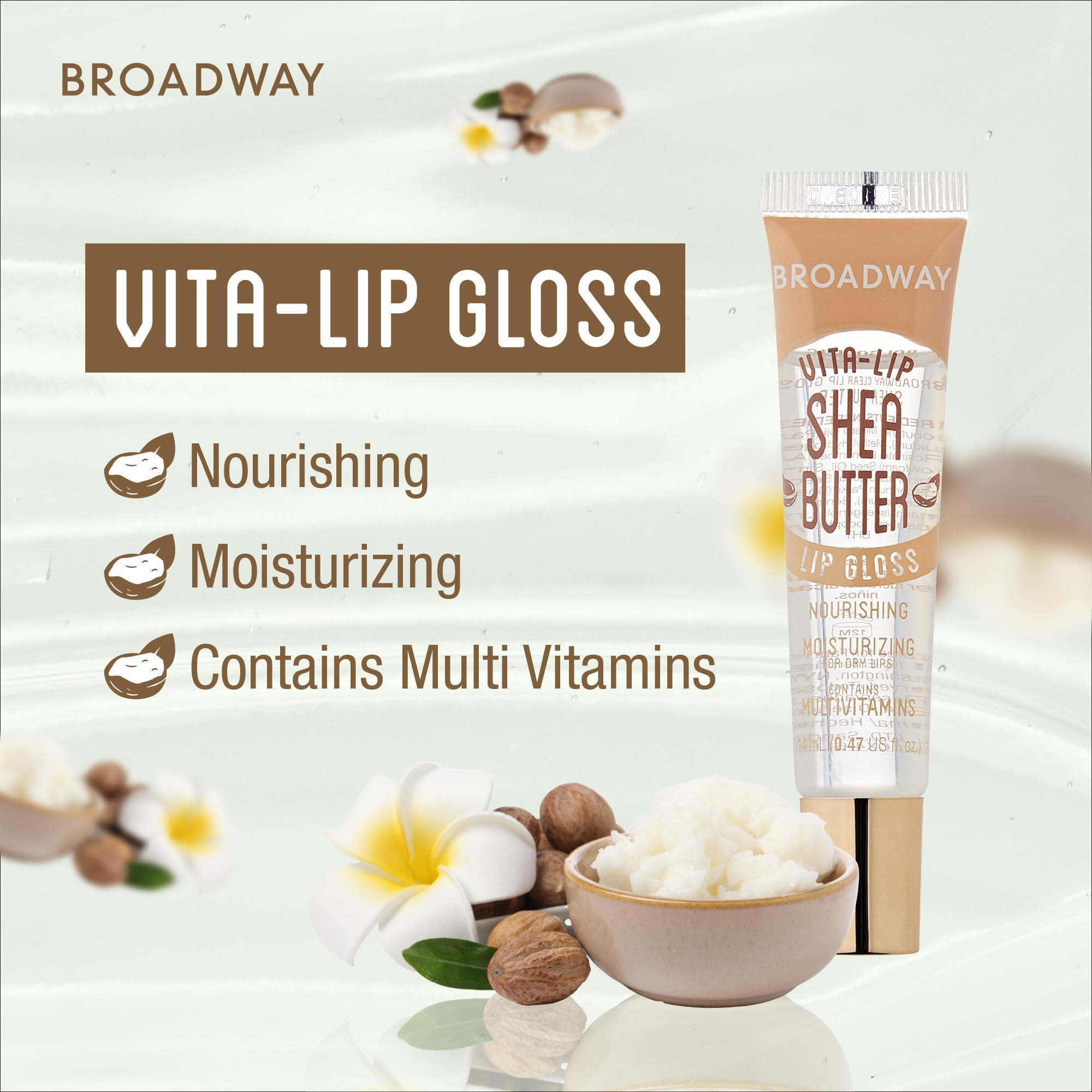Finition brillance elevee du Broadway Vita-Lip gloss sur les levres.