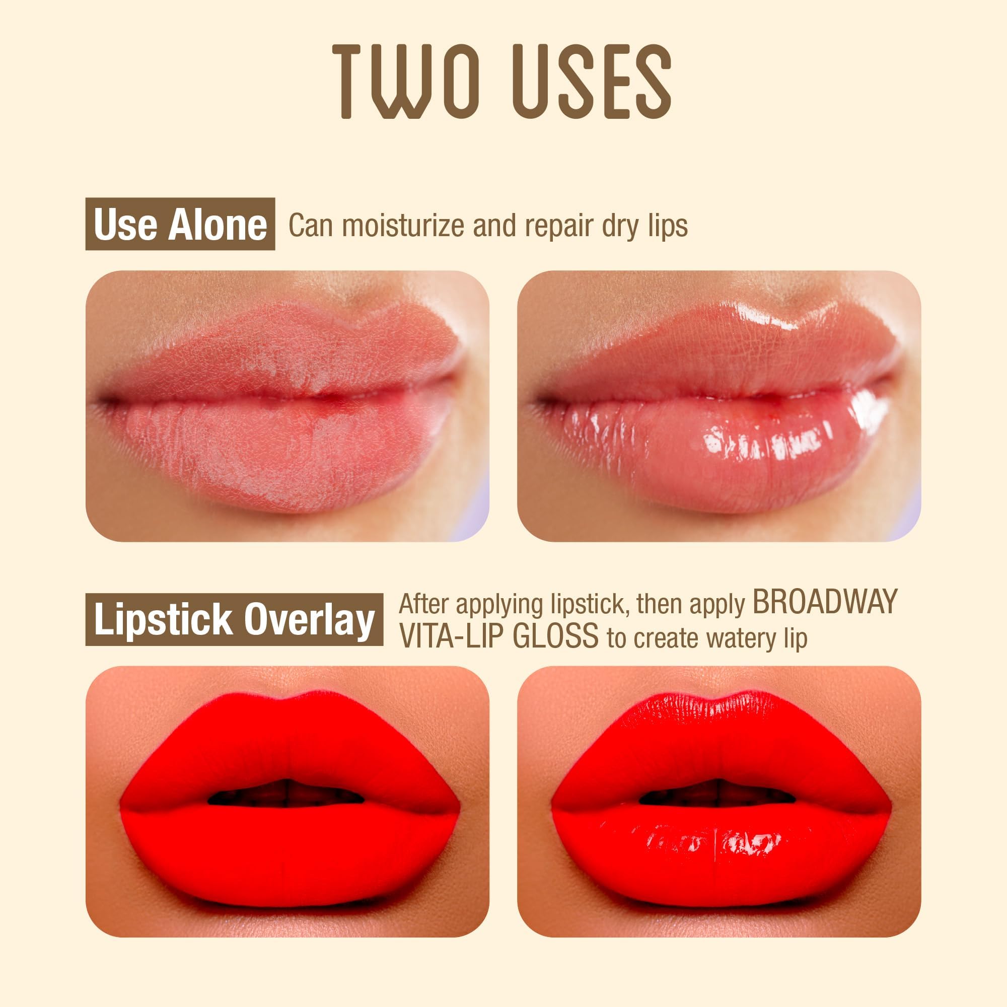 Ruby Kisses Broadway Vita-Lip Gloss, hydratation riche pour levres seches.