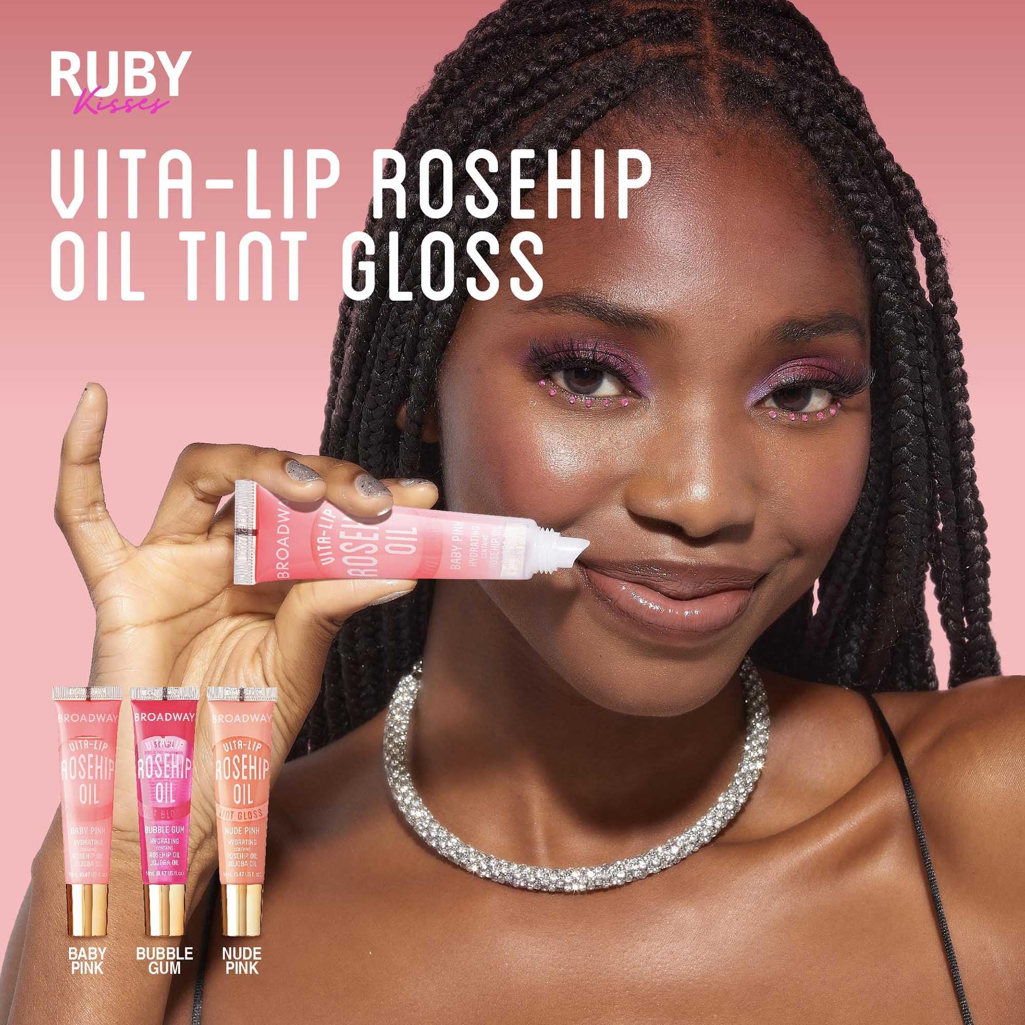 Ruby Kisses Broadway Vita-Lip gloss hydratation-rose, texture légère pour des lèvres confortables.