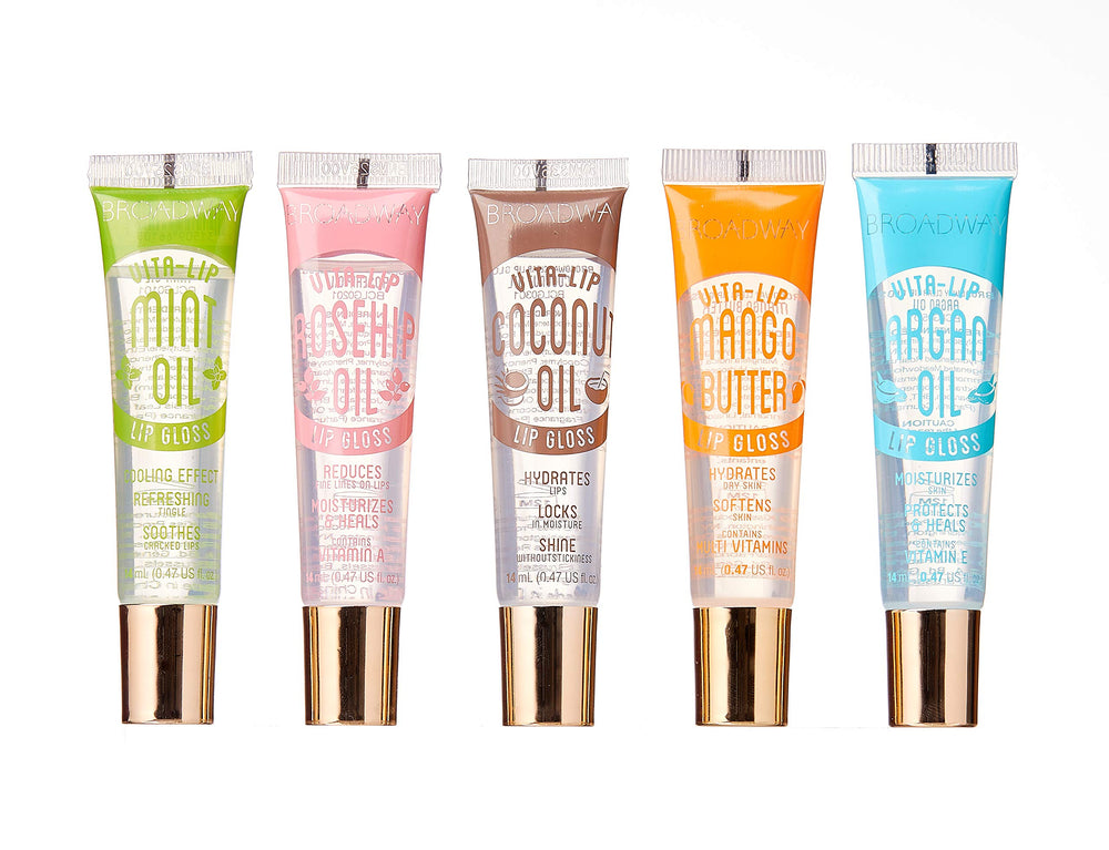 Ruby Kisses Broadway Vita-Lip gloss menthe, flacon hydratant et brillance légère.