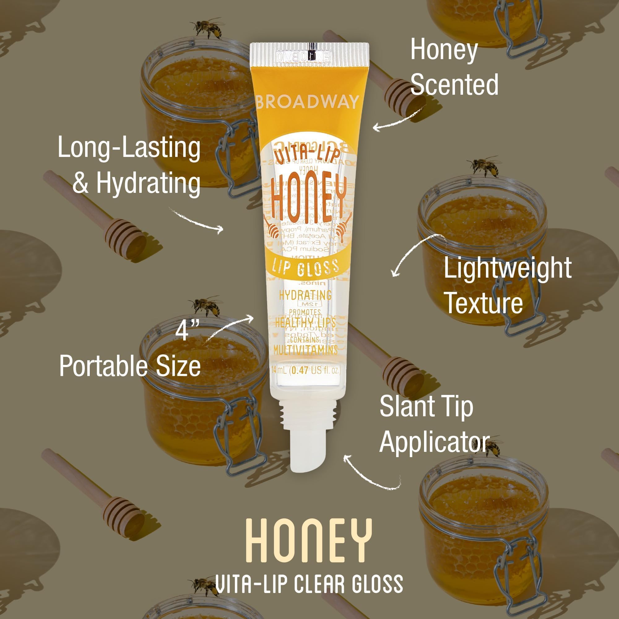Texture legere du Broadway Vita-Lip gloss pour hydratation durable.