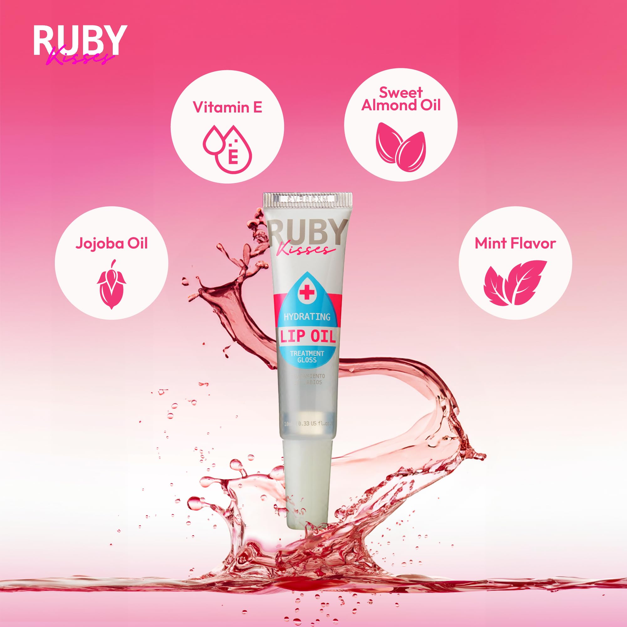 Ruby Kisses huile lèvres claire RLO01 – bouteille élégante prête à hydrater vos lèvres.