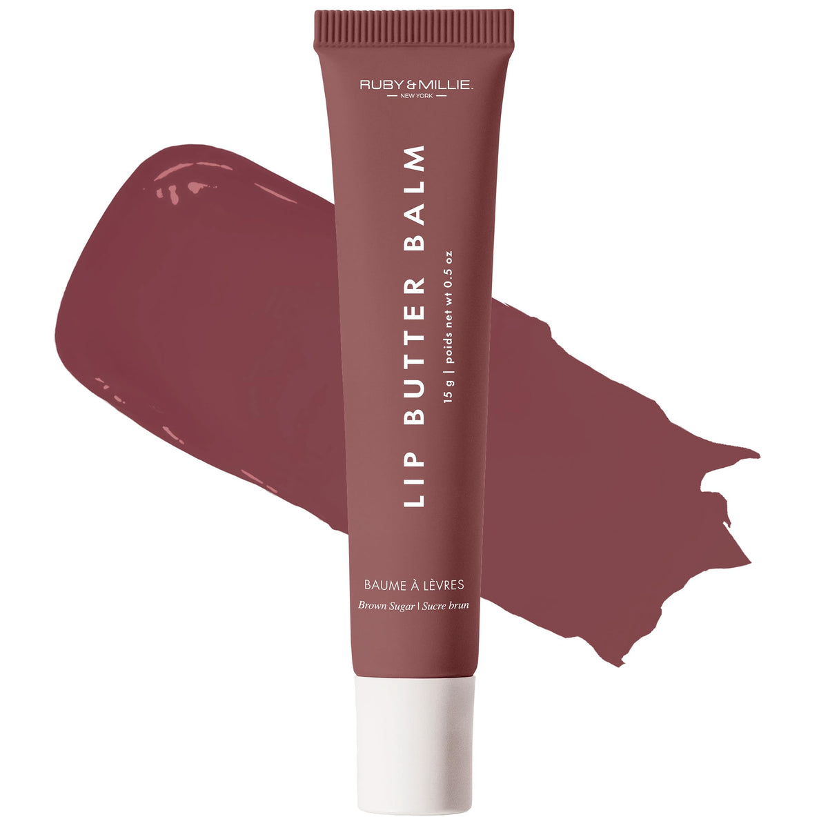 Ruby & Millie baume teinté sucre brun appliqué, hydratation instantanée et brillance légère.
