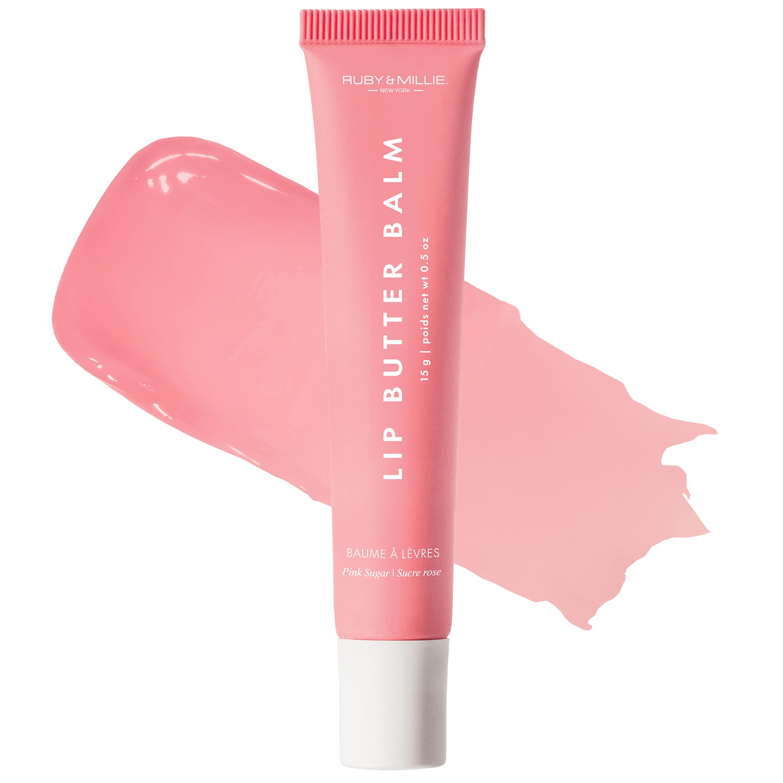 Ruby & Millie baume lèvres teinté Sucre Rose pour hydratation durable.