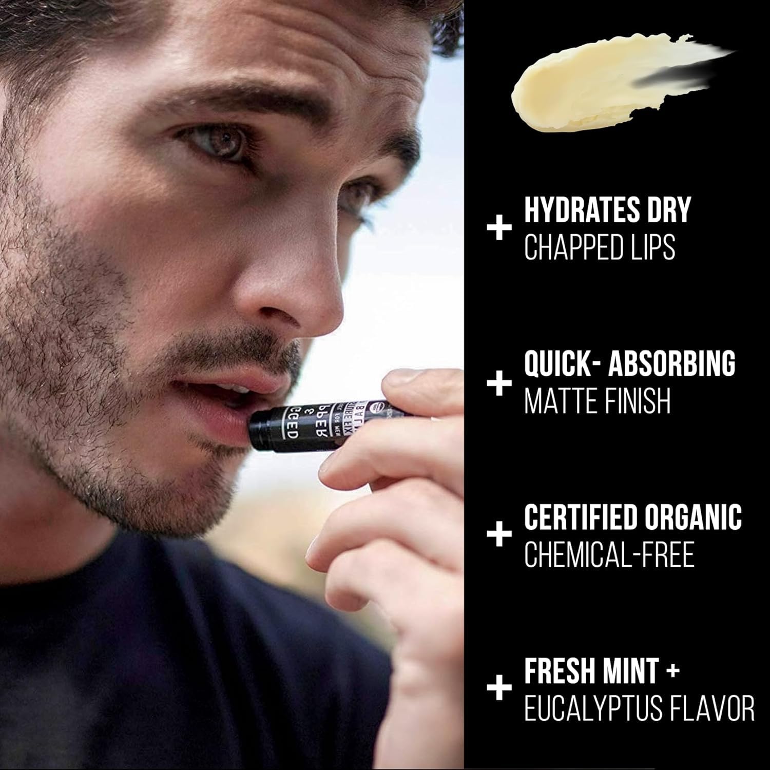 RUGGED & DAPPER Pack baume lèvres homme – menthe et eucalyptus en tubes.