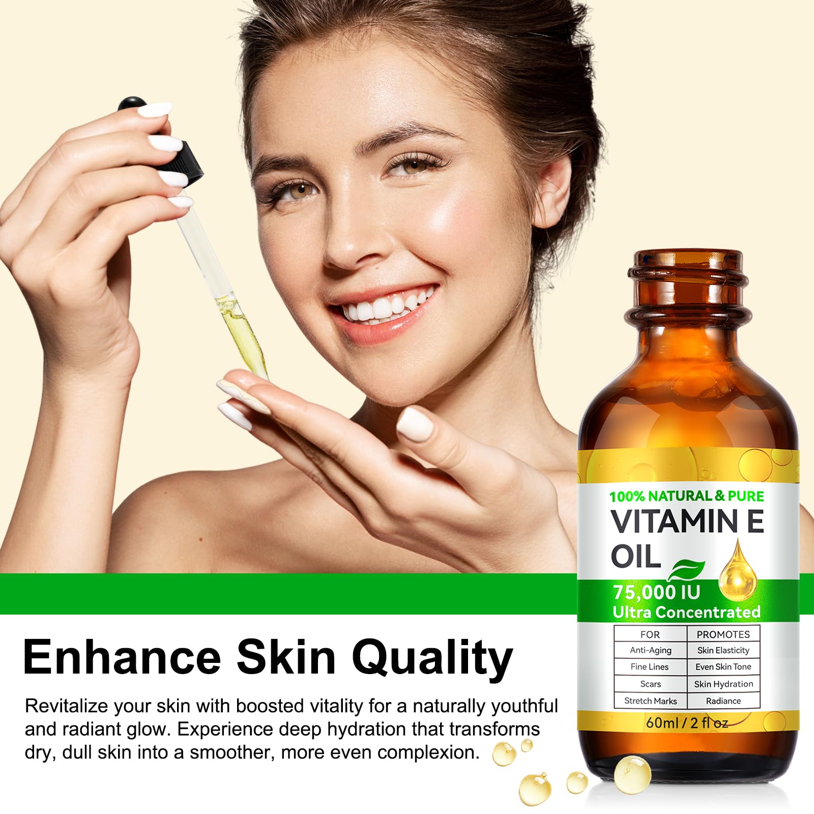 Rulviou huile vitamine E pure, bain et soin du corps pour peau satinée.