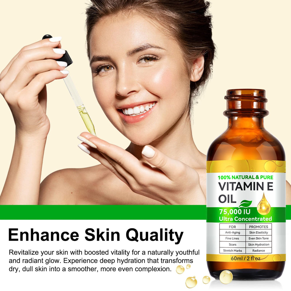 Rulviou huile vitamine E pure, bain et soin du corps pour peau satinée.