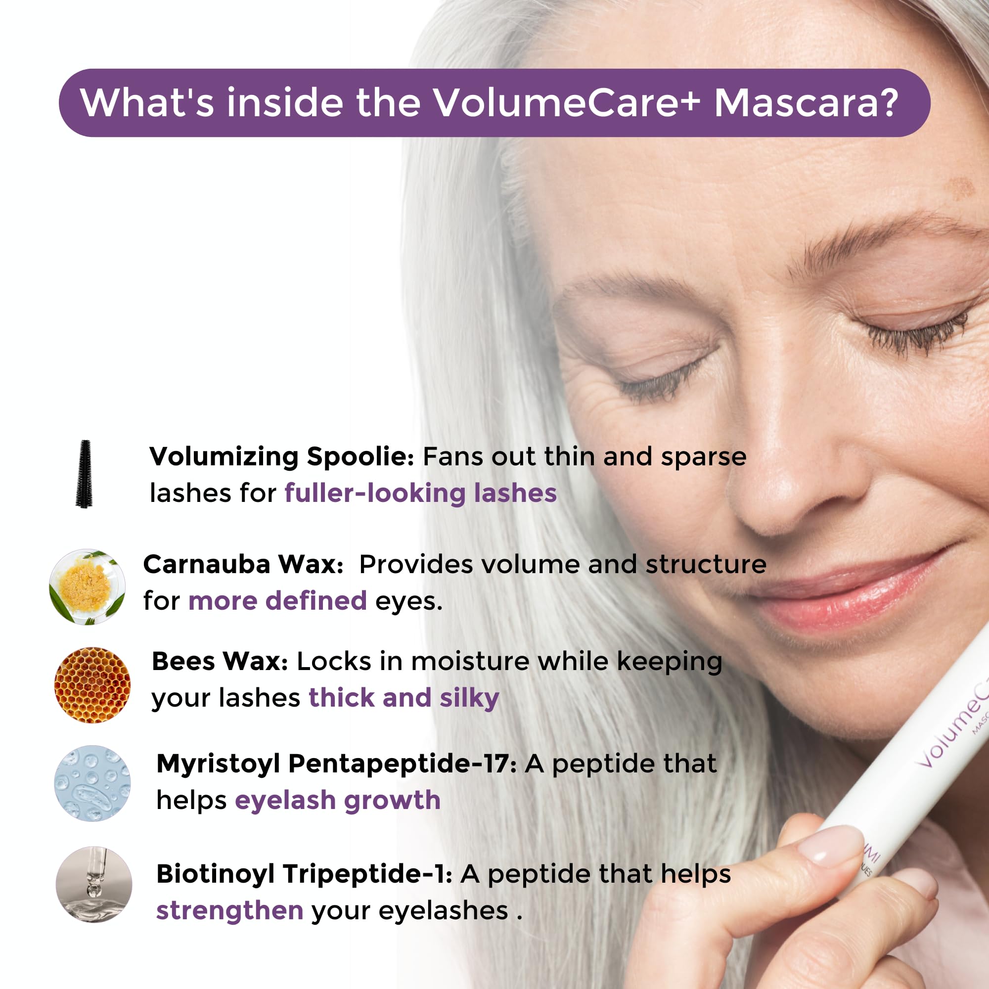 Rumi Cosmetiques VolumeCare+ Mascara sans paquets grâce à sa brosse précise.