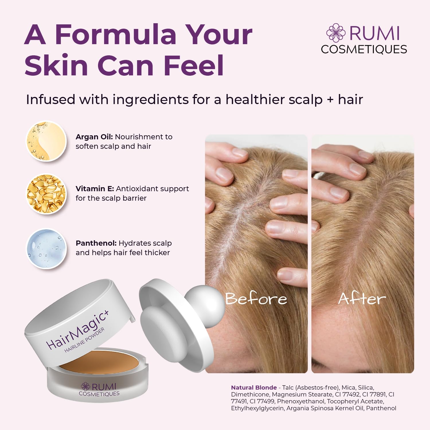 Rumi HairMagic+ boîtier compact avec miroir intégré pour retouches discrètes.