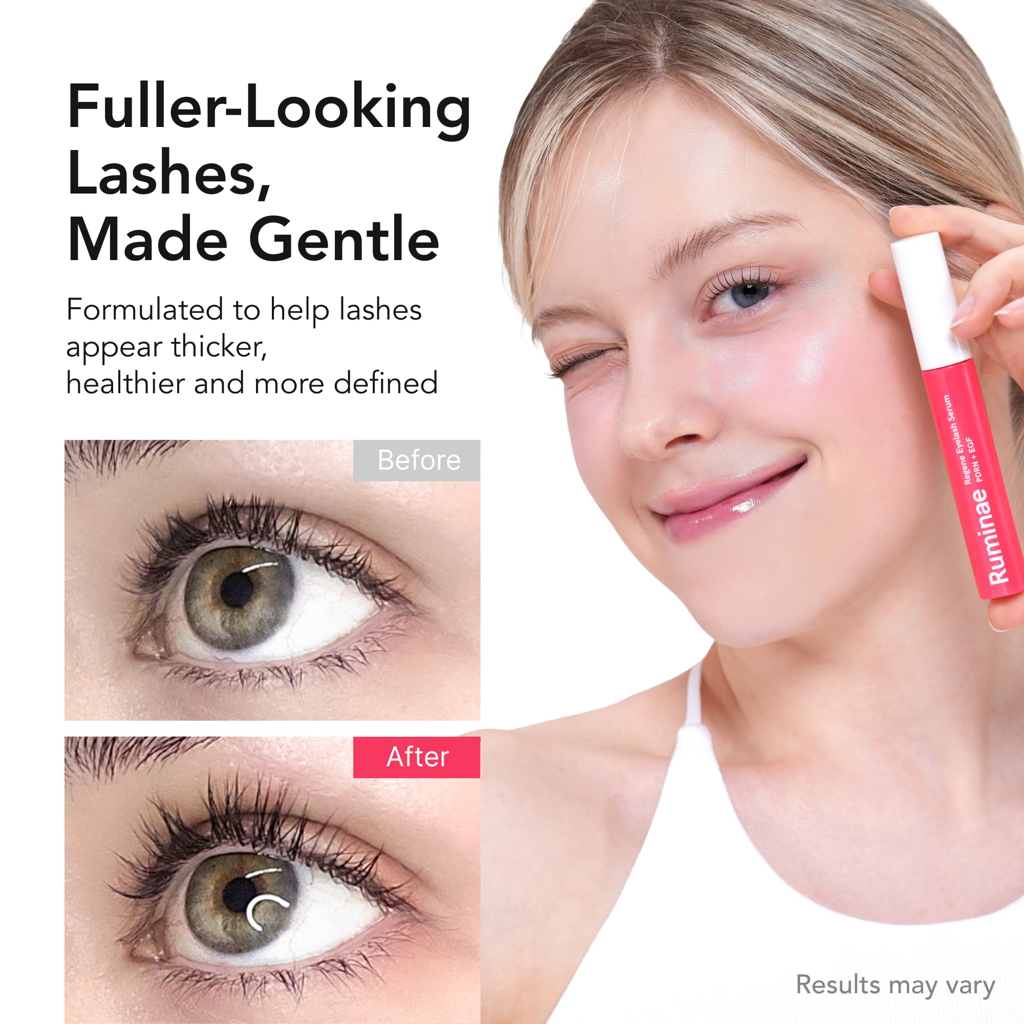 Ruminae Sérum réparateur Cils – aperçu avant/après après extensions.