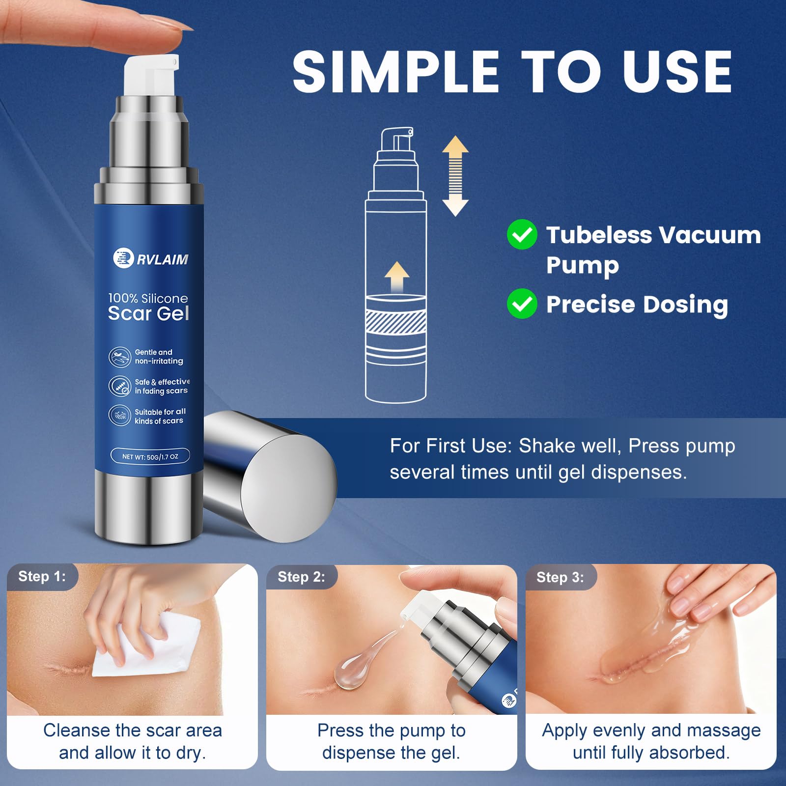 Rvlaim Gel Scar, sans parfum, adapté pour peaux sensibles.