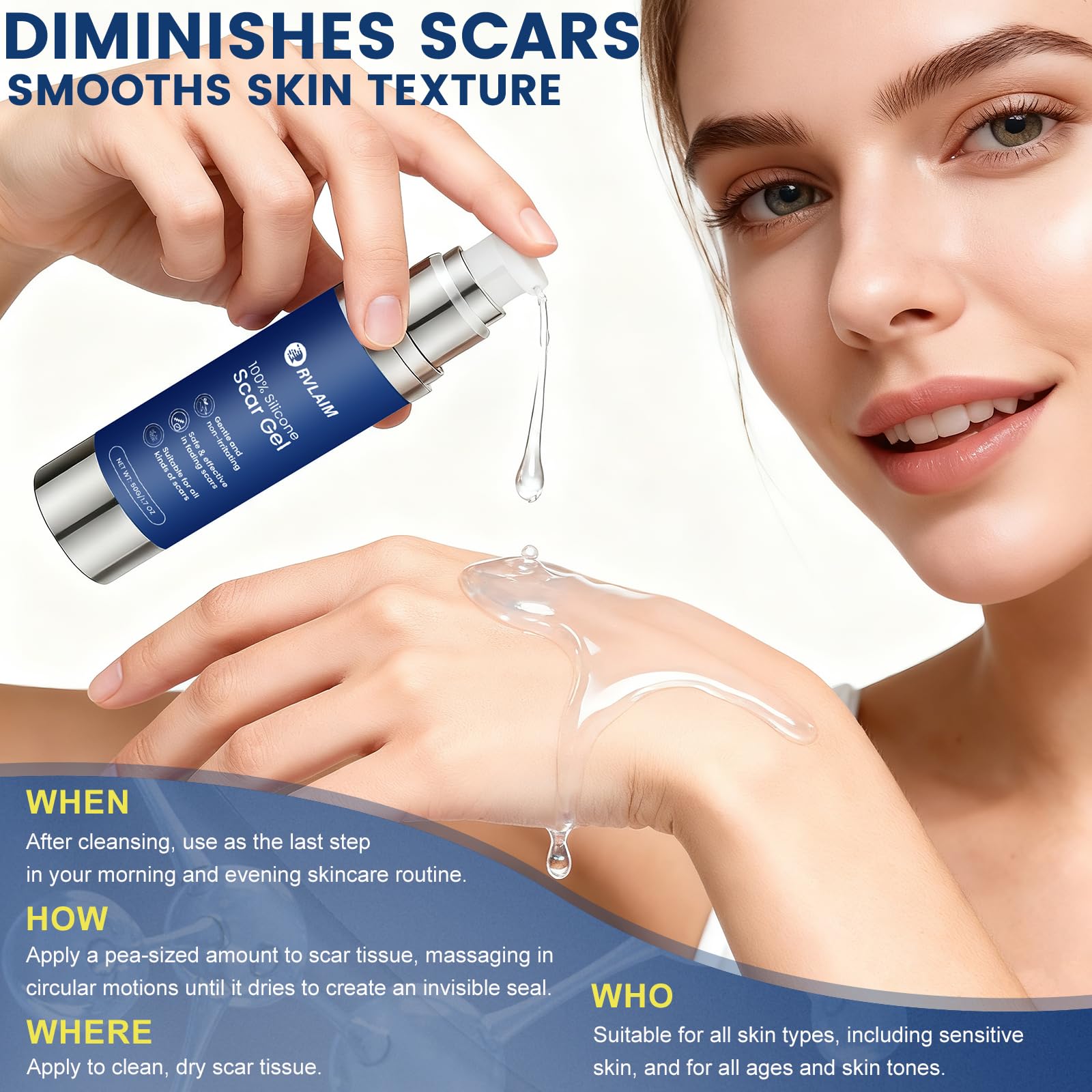 Rvlaim Gel Scar, usage quotidien, peut accompagner l'apparence générale des cicatrices.