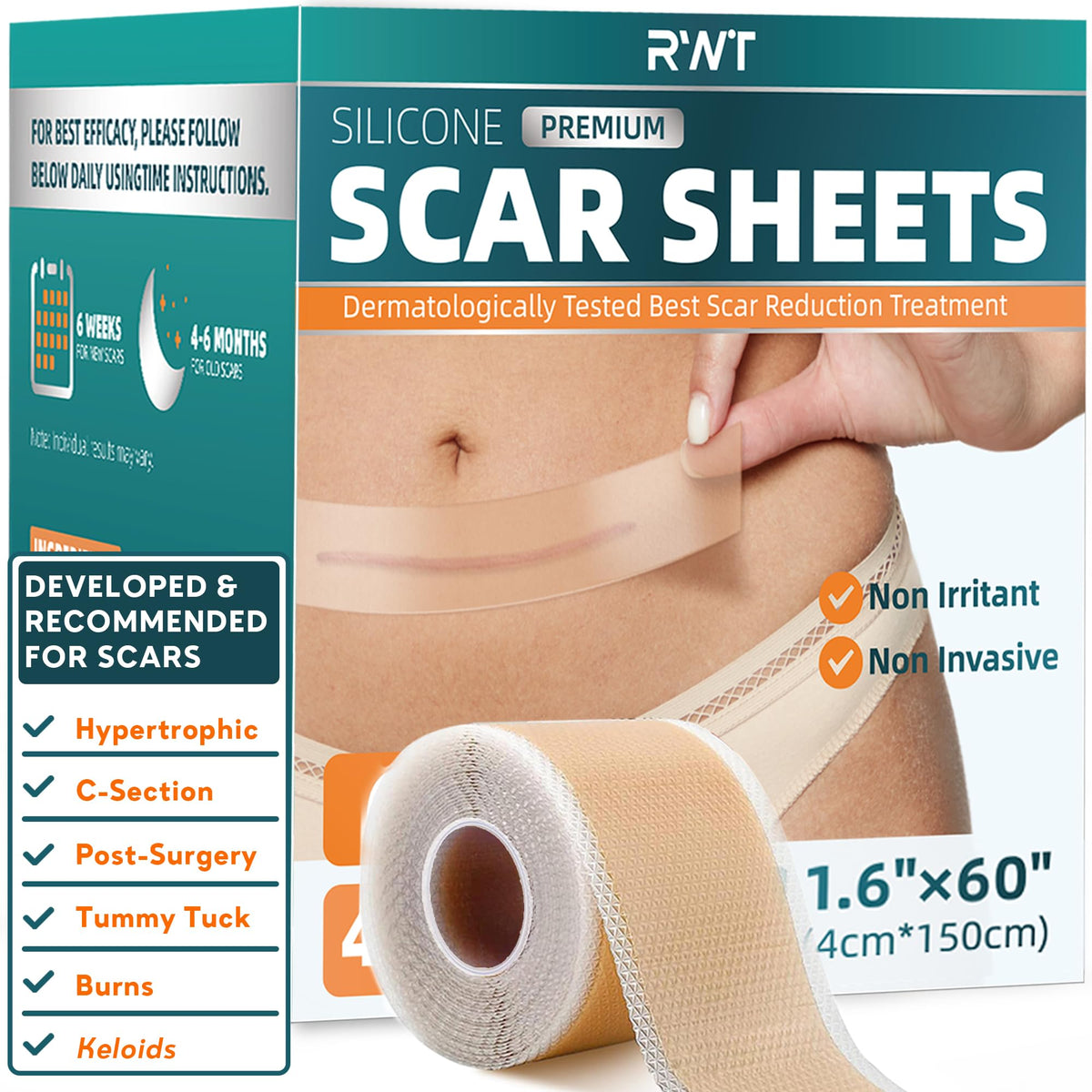 RWT bande silicone 60 pouces, pose discrète pour cicatrice.