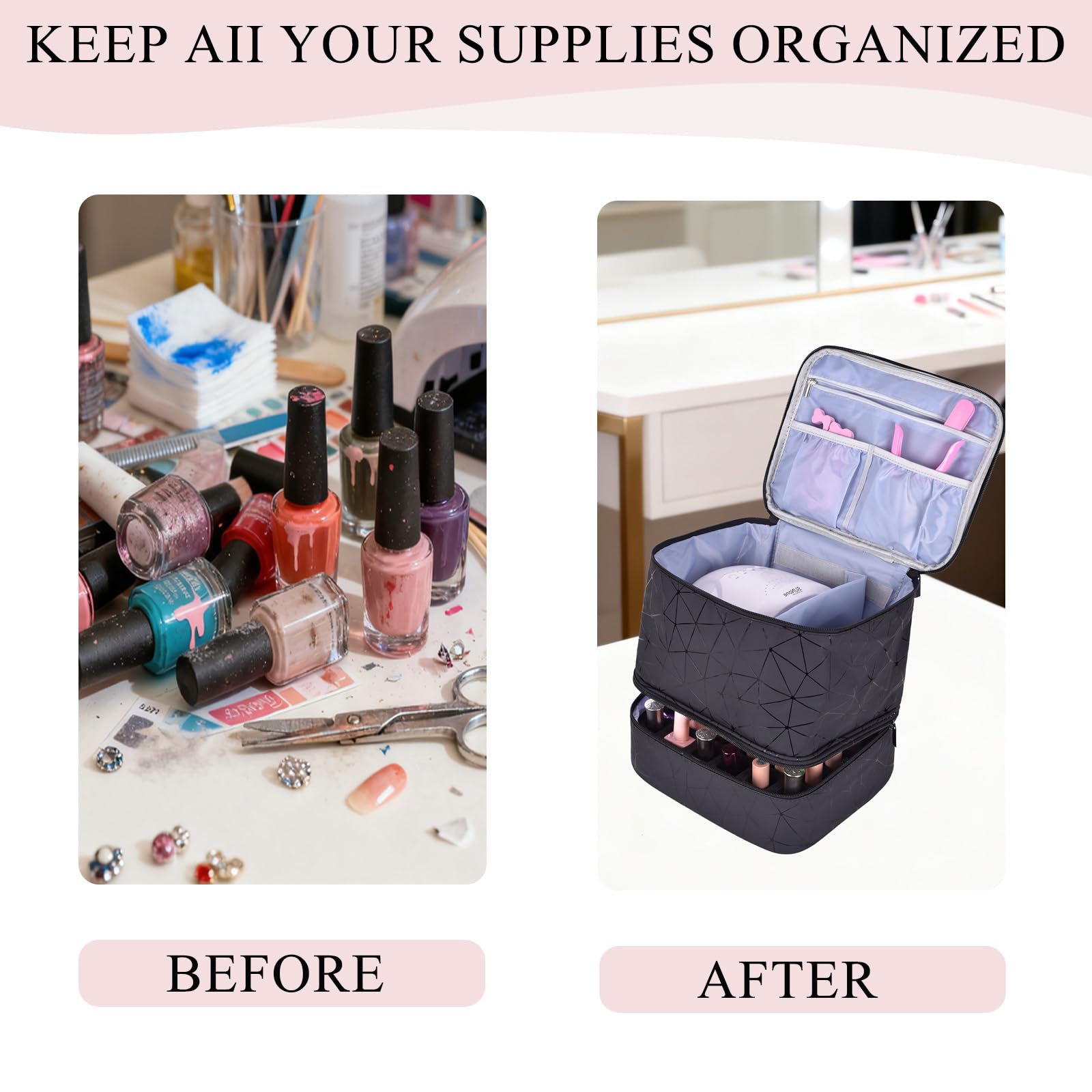 RZMAYIS design double couche maximise le rangement: vernis en bas, outils en haut.