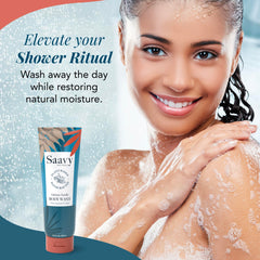 Saavy Naturals Gel Douche avec huile de coco et karité pour nourrir la peau.
