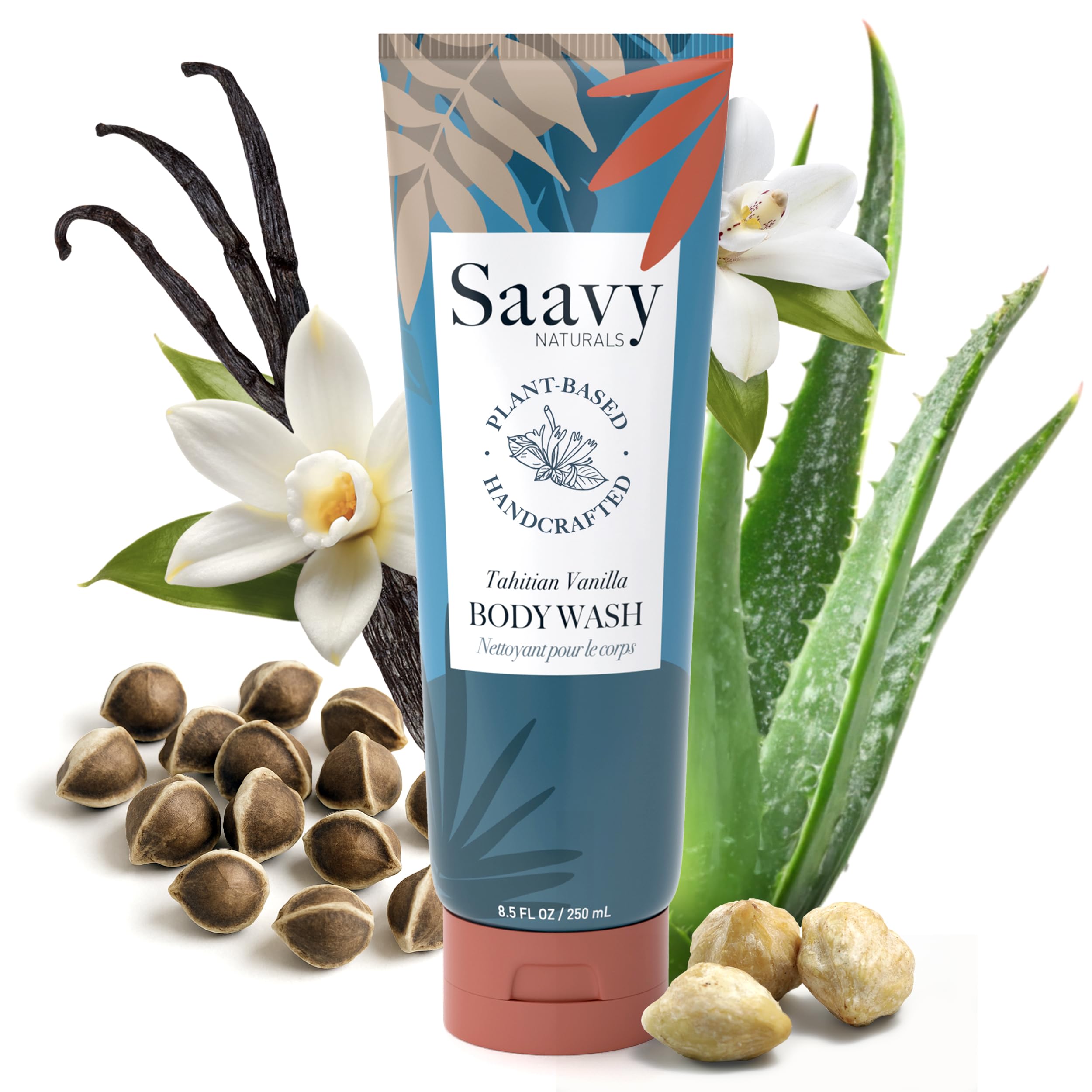 Saavy Naturals Gel Douche Vanille Tahitienne, bouteille hydratante pour peau sensible.