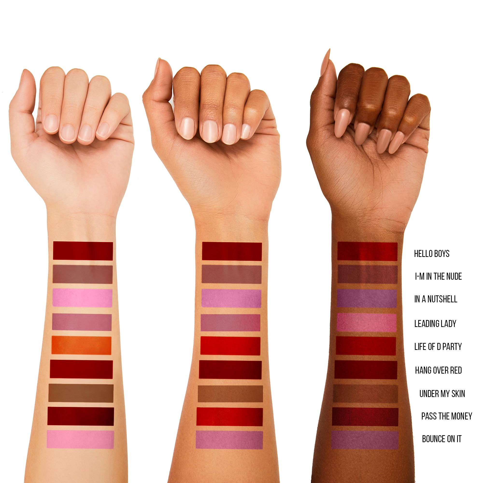 Nuancier du Rouge Velours Liquide montrant plusieurs teintes prêtes à assortir.