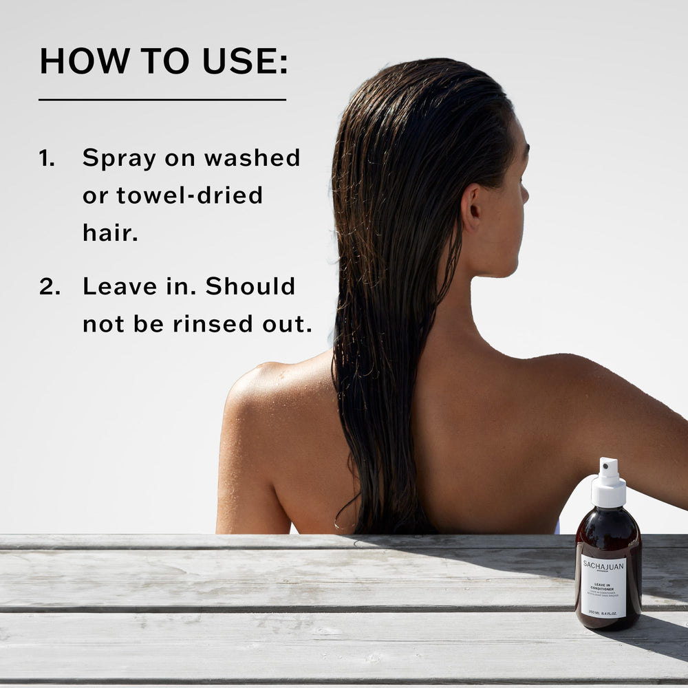 SACHAJUAN Leave In Conditioner — application en spray sur cheveux essuyés pour faciliter le coiffage.