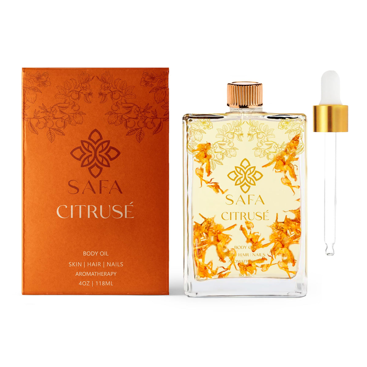 SAFA Citruse huile – bouteille et étiquette élégantes pour soin quotidien