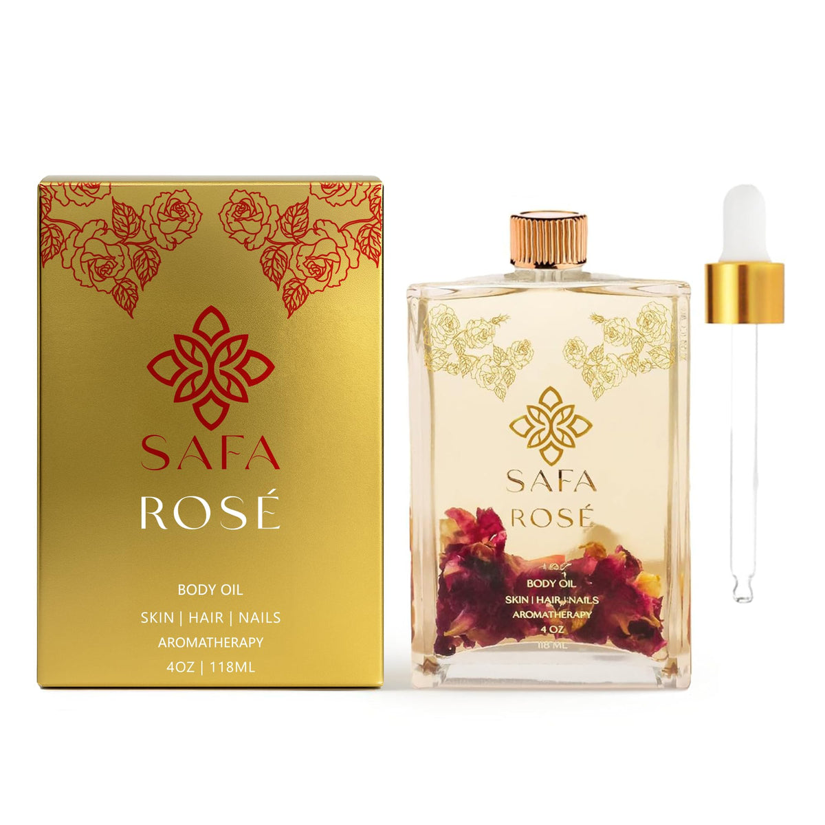 SAFA Rosé Oil — Bouteille: hydratation durable pour peau et teint lumineux.