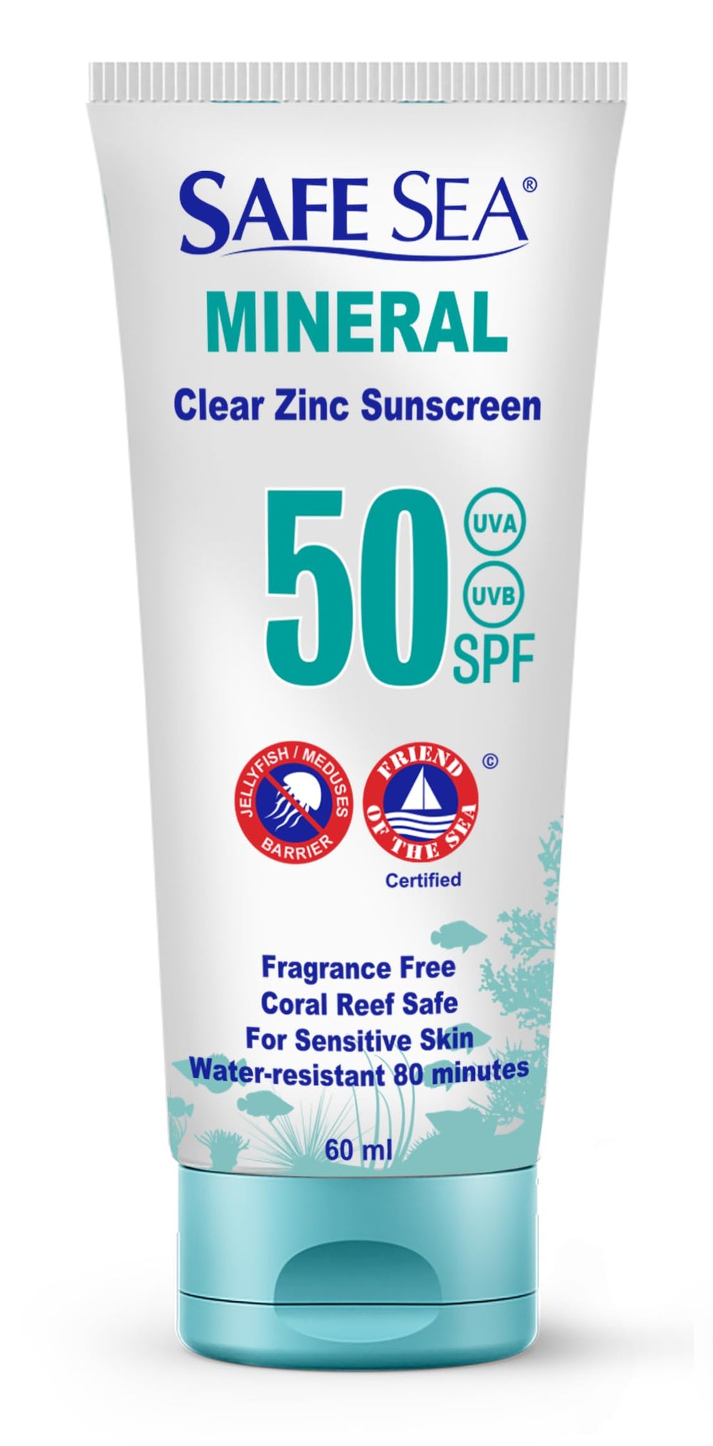 Safe Sea Bouteille SPF50 60 ml prête pour le voyage et le soleil.