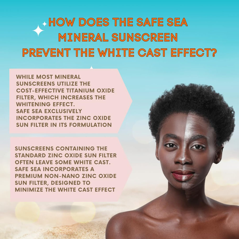 Safe Sea Zinc Oxide Minéral, filtre UVA/UVB sans effet blanchissant.