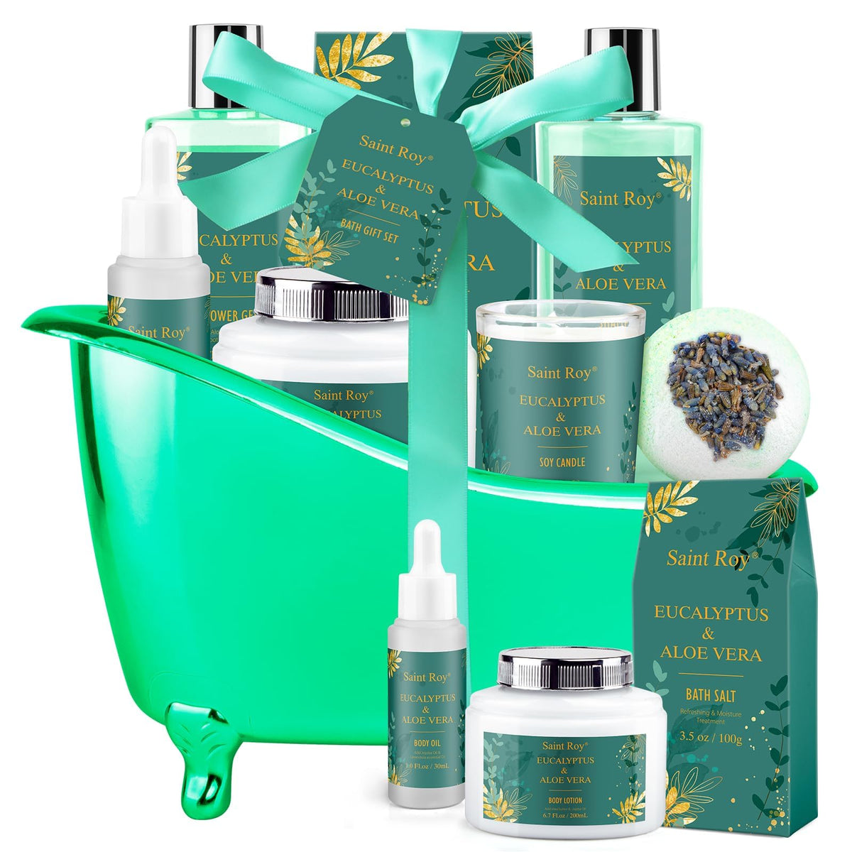 Coffret spa Saint Roy avec rangement élégant et soins variés.
