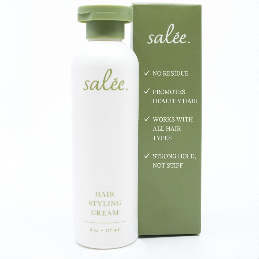 Schéma produit Salee Crème de styling avec bouteille visible montrant sa finition soyeuse et légère.