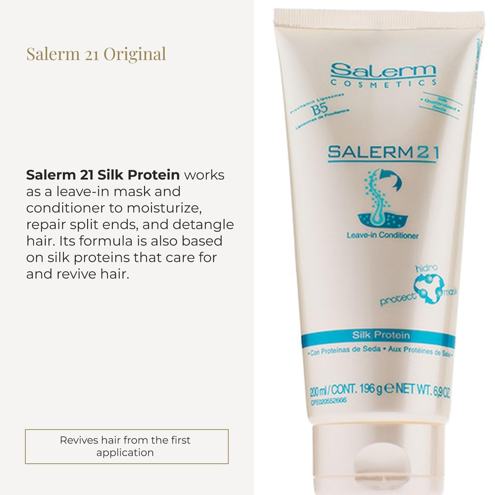 Application sur cheveux humides avec SALERM 21 pour démêlage facilité.