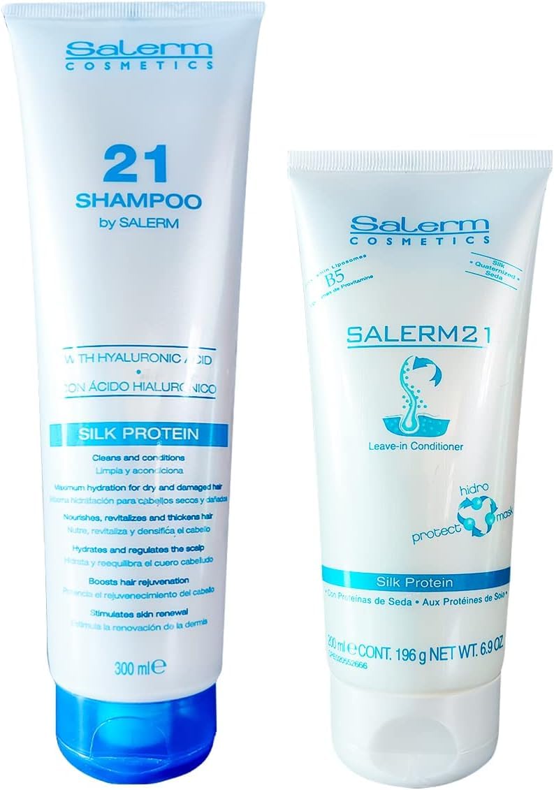 Pack Salerm 21 shampoing réparateur et soin sans rinçage pour cheveux brillants et hydratés.