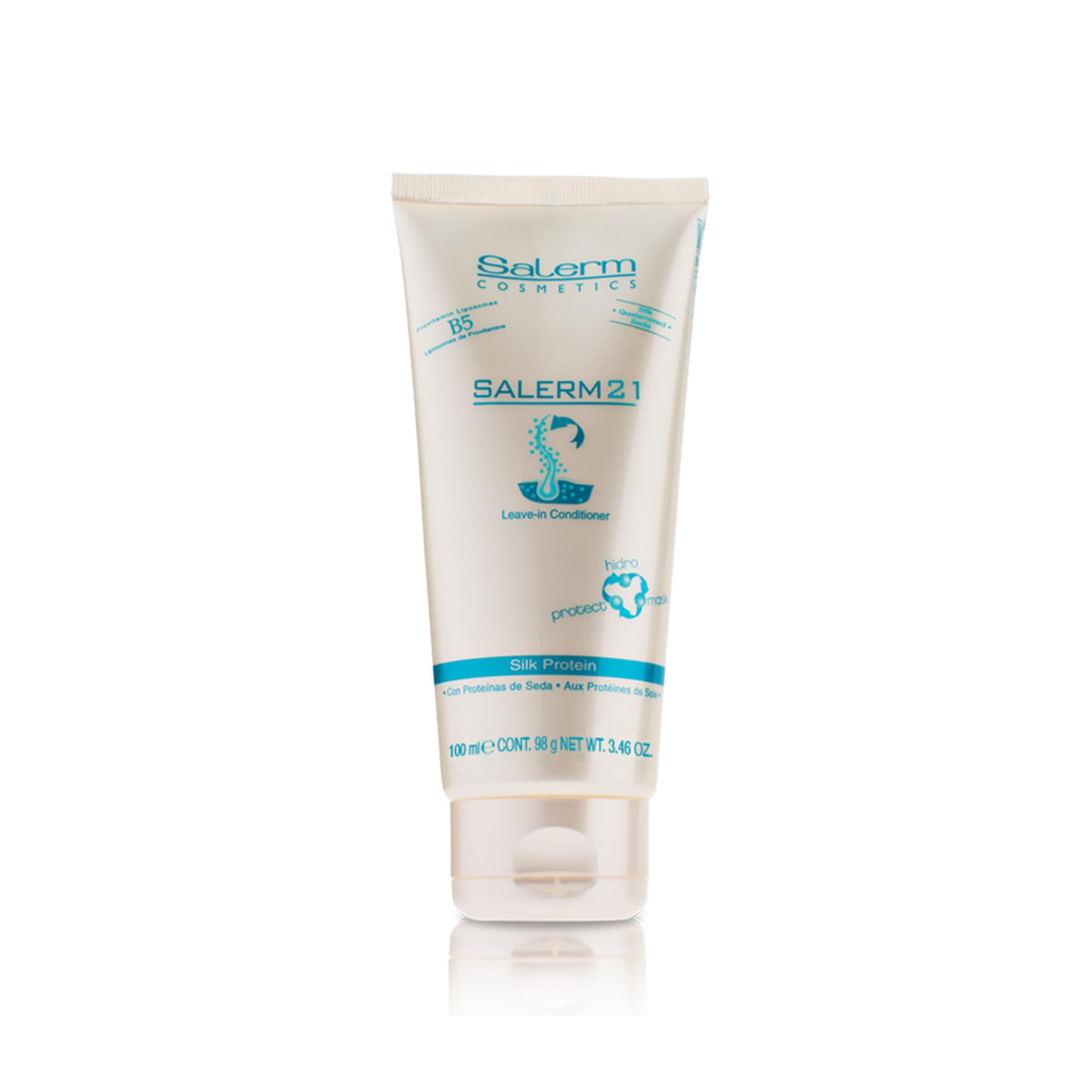 SALERM 21: bouteille montrant les proteines de soie pour hydrater durablement les cheveux