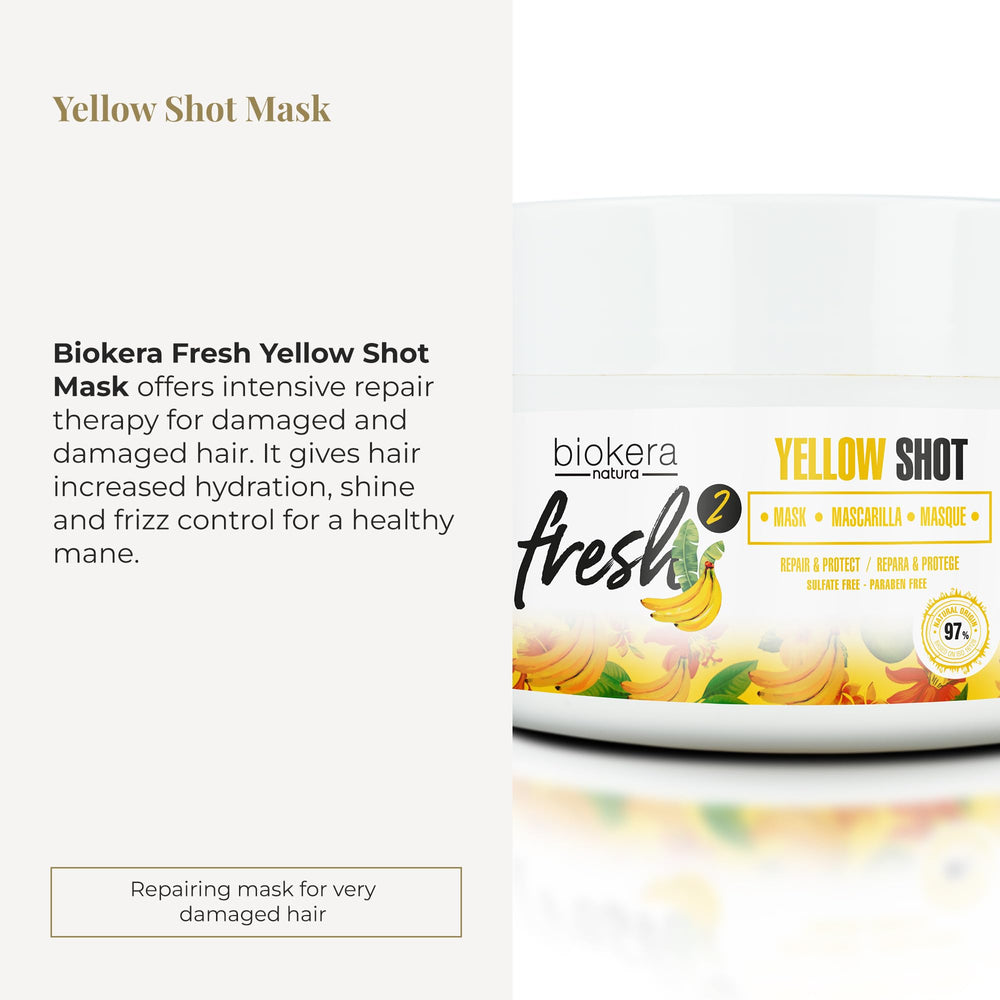 Masque SALERM Biokera Natura Yellow Shot répare les cheveux endommagés en profondeur.