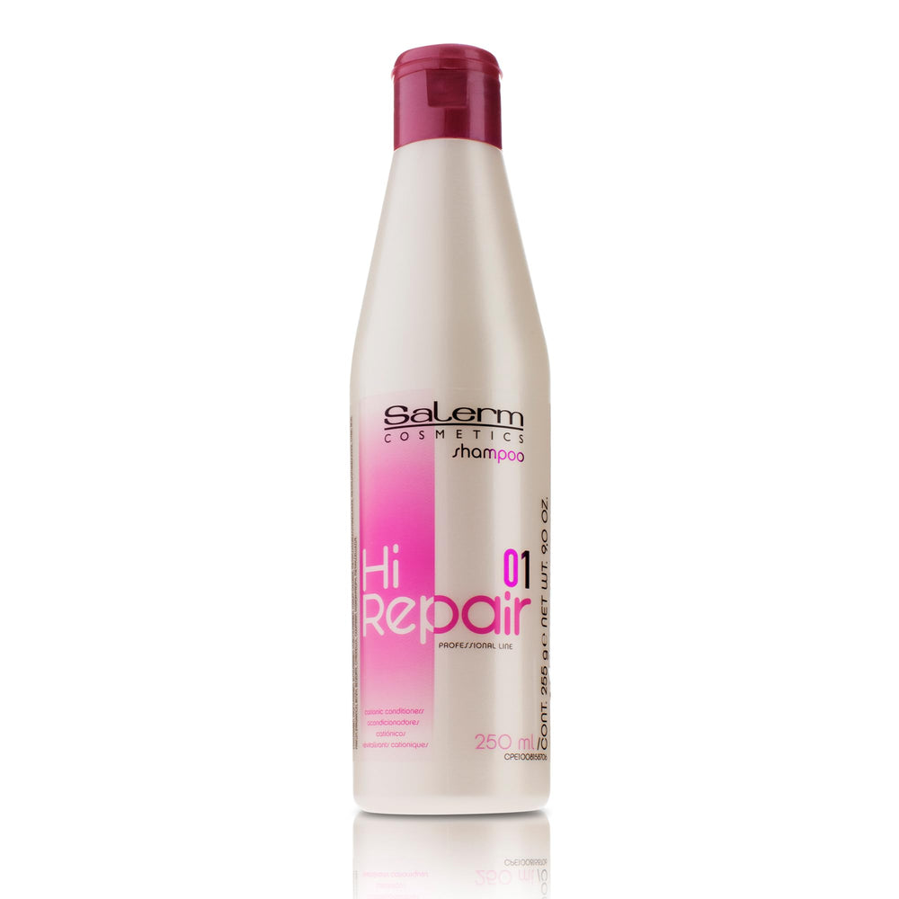 SALERM Hi Repair Shampoo: la bouteille illustre le soin réparateur pour cheveux plus forts.