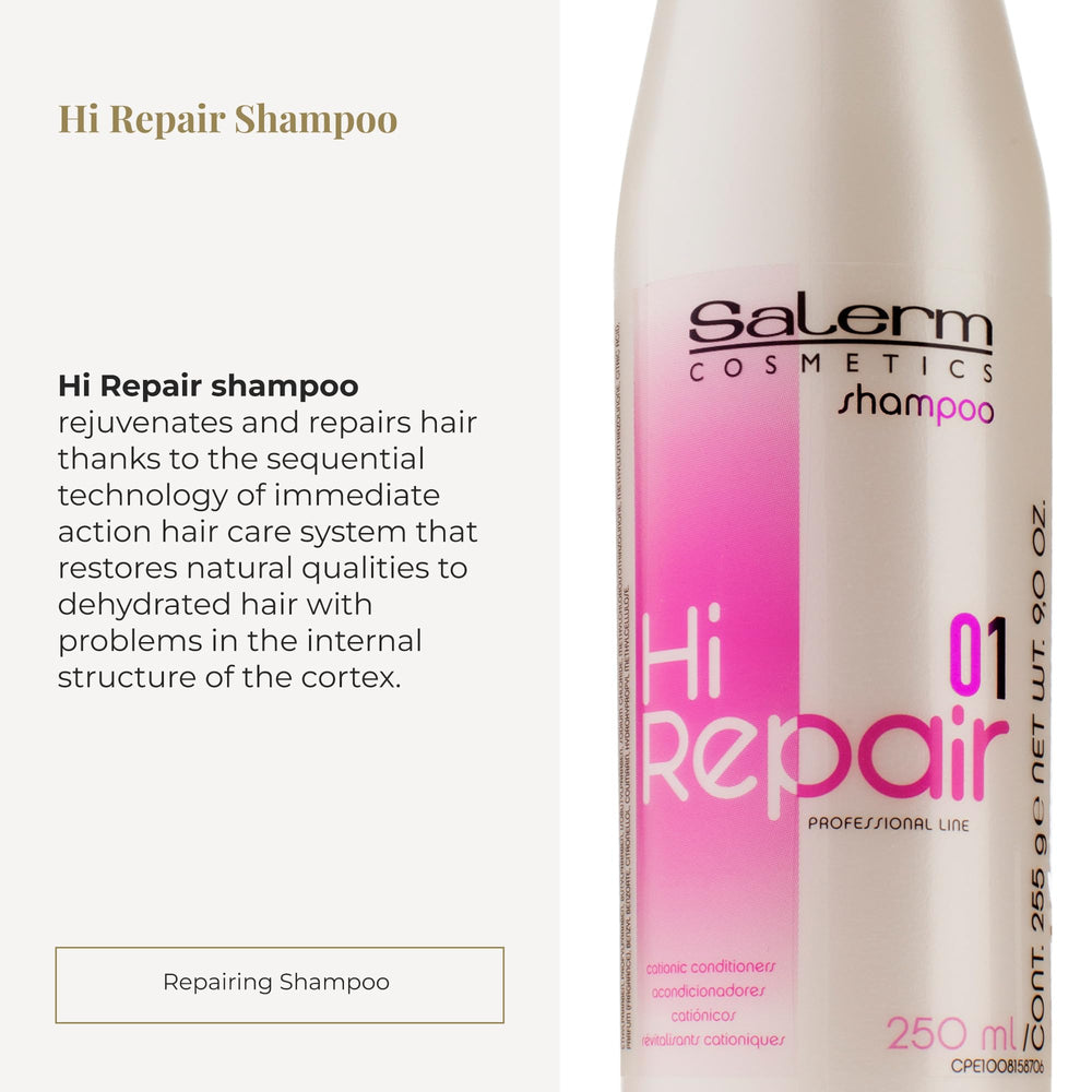 SALERM Hi Repair Shampoo: l étiquette met en avant l hydratation profonde.