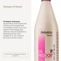SALERM Hi Repair Shampoing : étiquette lisible avec conseils d'utilisation
