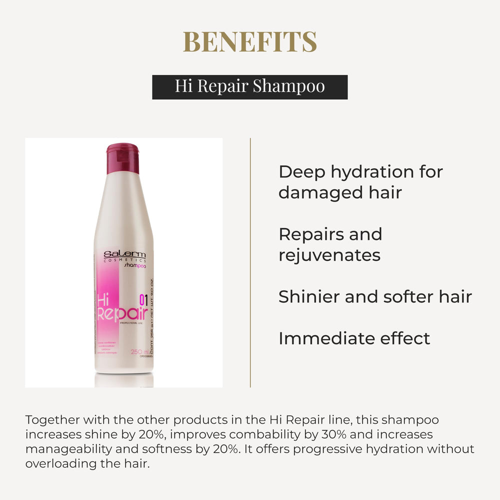SALERM Hi Repair Shampoo: la mousse suggère une texture riche et légère.