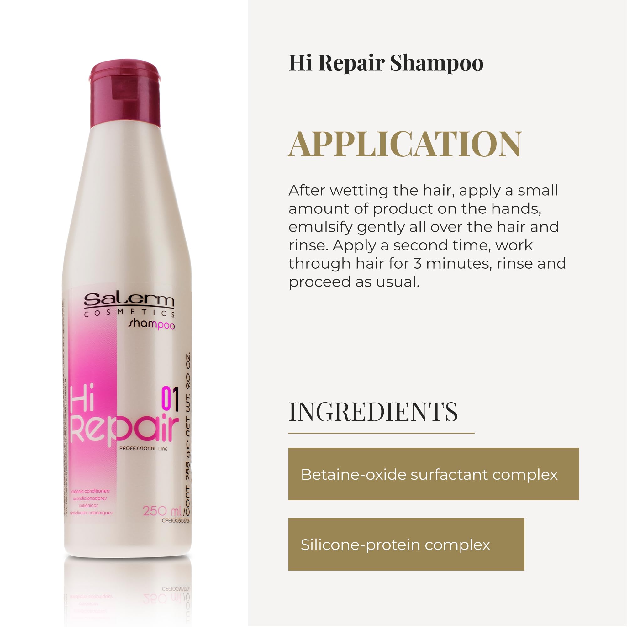 SALERM Hi Repair Shampoo: la texture crème montre un soin pénétrant sans alourdir.
