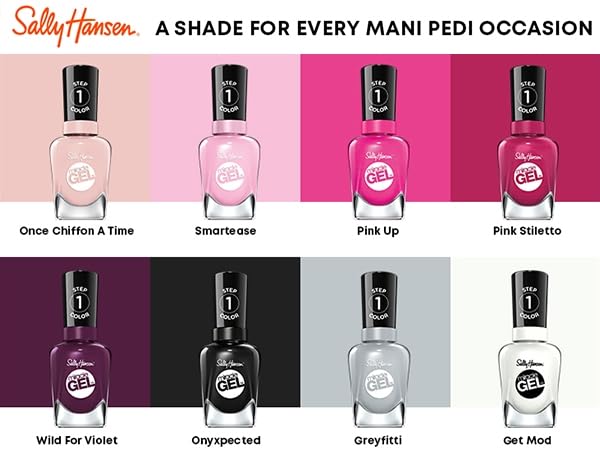 Emballage et emballage élégant du Gel Miracle Sally Hansen prêt à l’emploi.