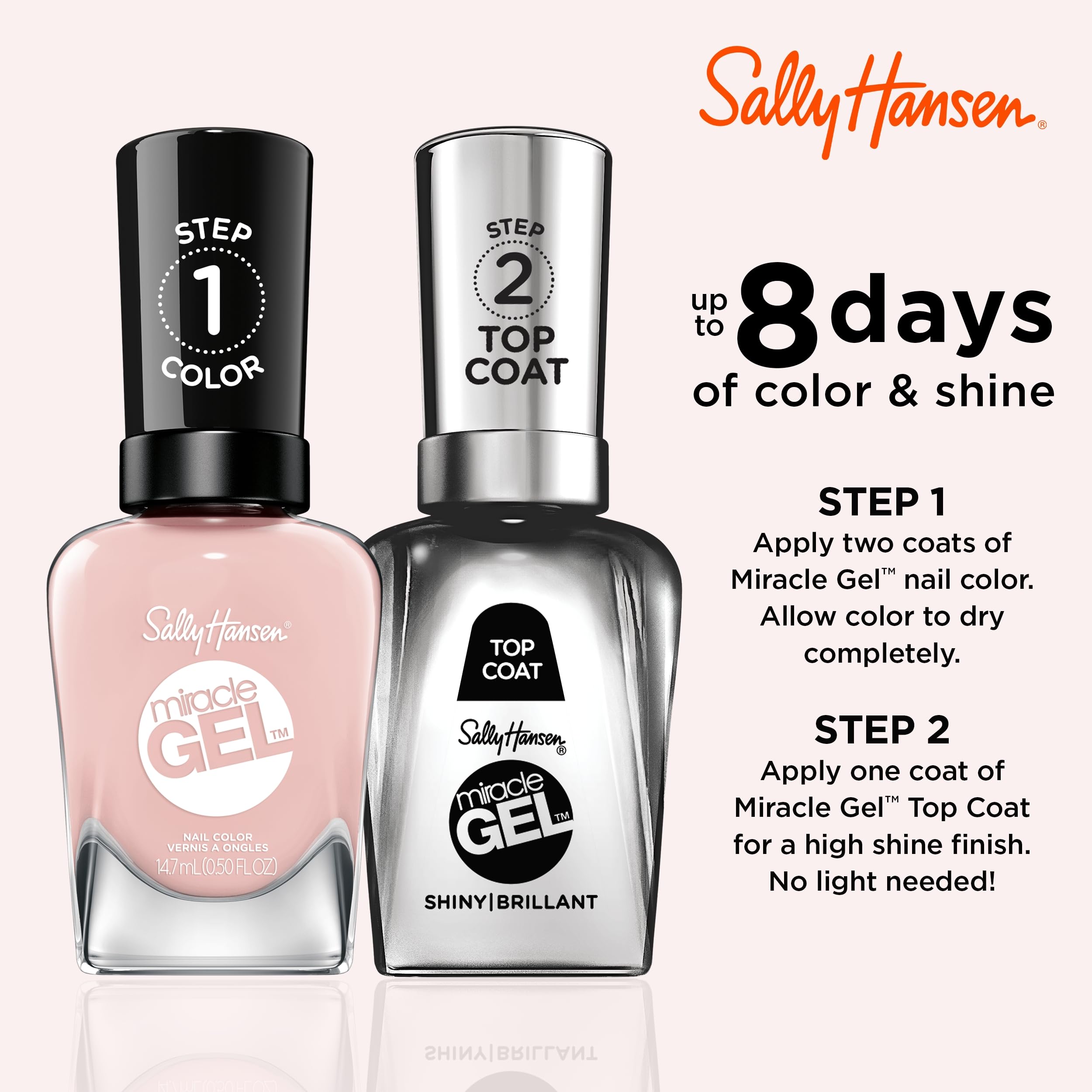 Système en deux étapes du vernis gel miracle Sally Hansen – pratique à domicile.