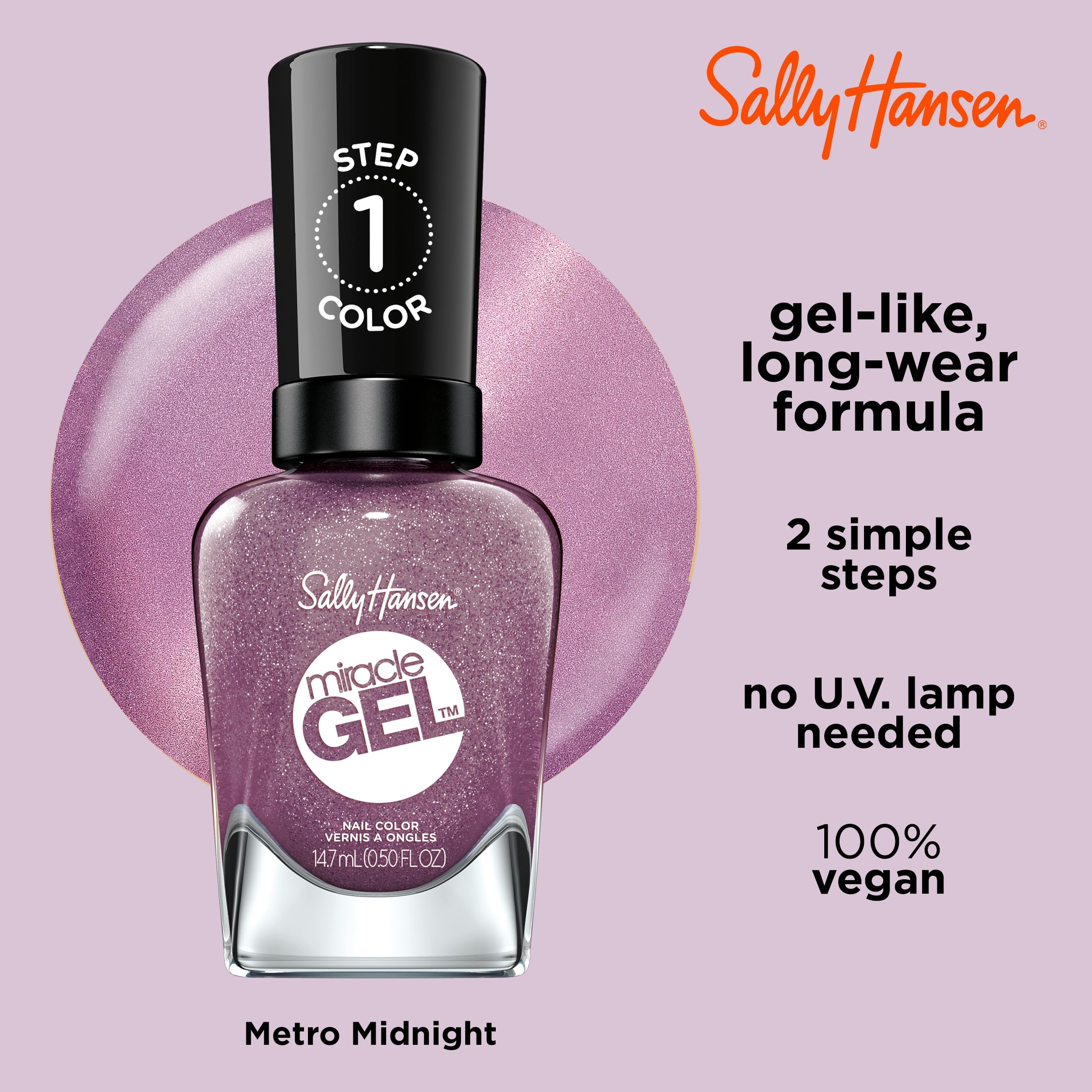 Sally Hansen Miracle Gel Metro Midnight, ongles éclatants, manucure durable jusqu'à 8 jours.