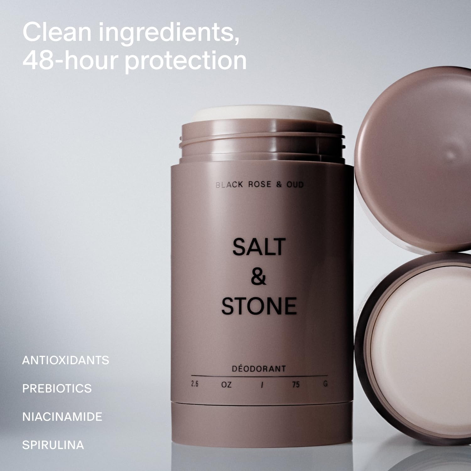 Salt & Stone déodorant bouteille arrière design élégant et sans aluminium.