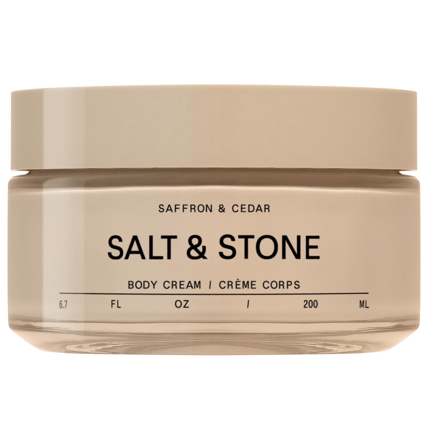 Salt & Stone Crème pour le corps – bouteille Safran & Cèdre, parfum durable.