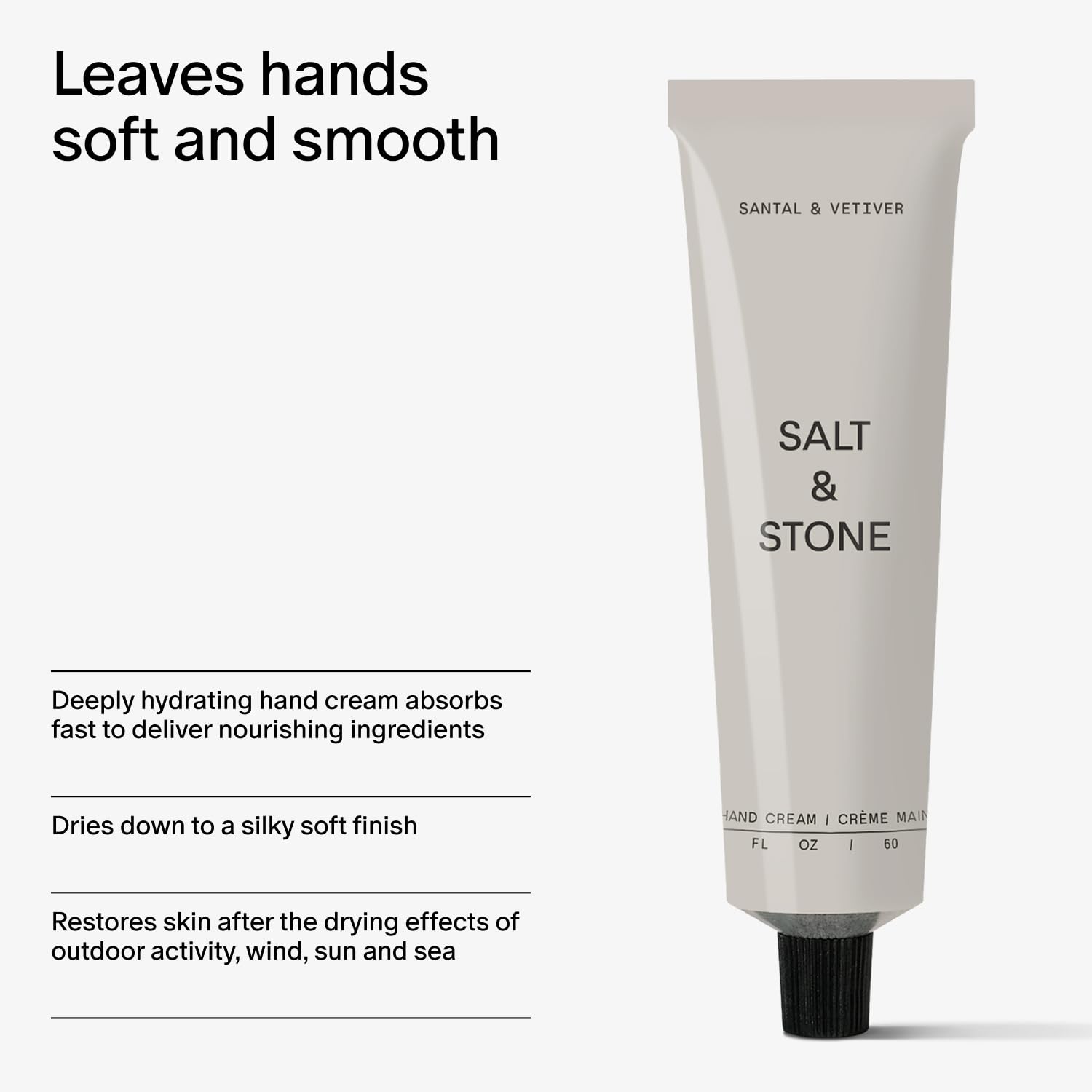 Mains hydratées et douces après utilisation avec Salt & Stone Santal Vetiver.